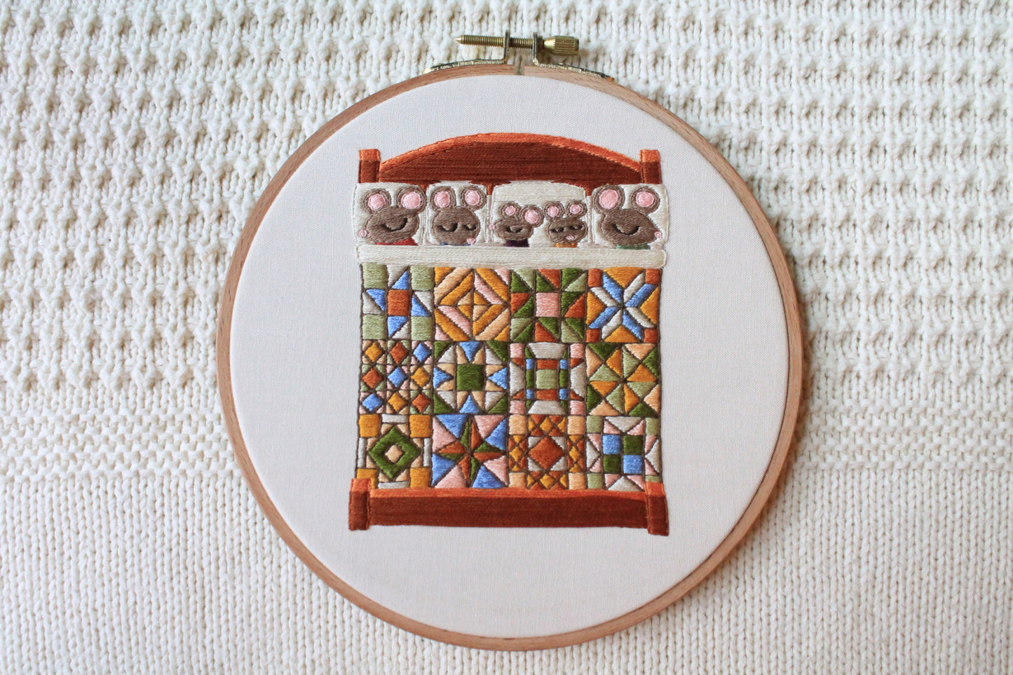 Mouse Family Quilt Hand-Embroidered Hoop