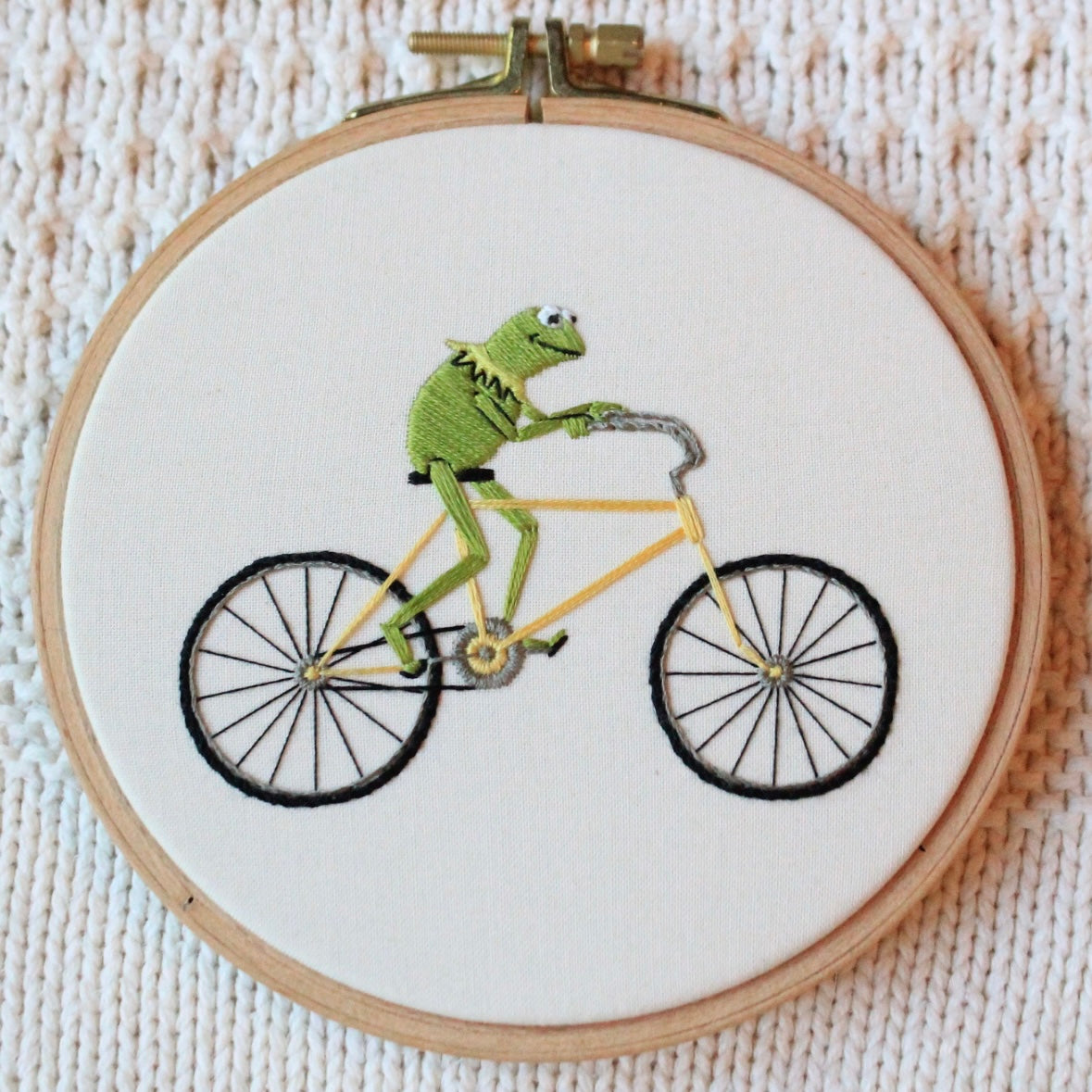 Bicycle Kermit Embroidered Hoop
