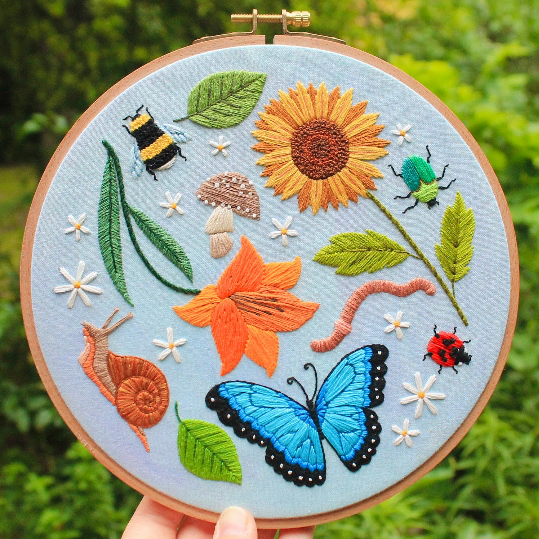 Bugs and Plants Hand-Embroidered Hoop