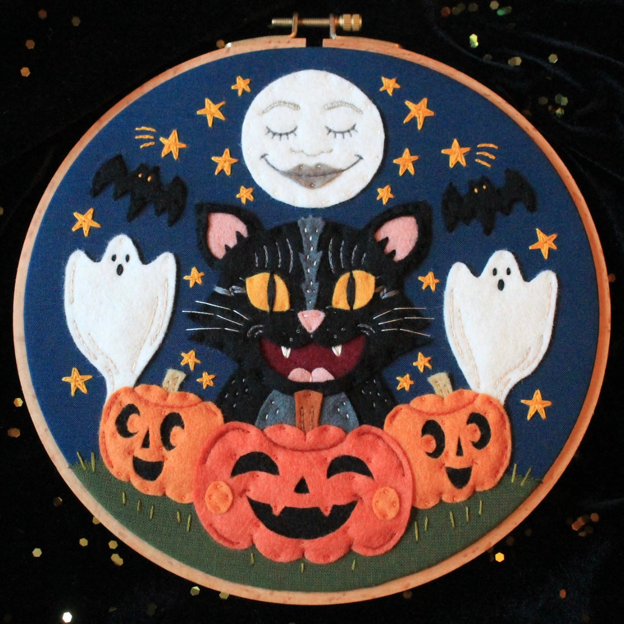 Vintage Halloween Felt Hand-Embroidered Hoop
