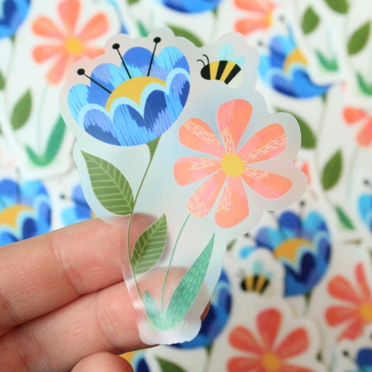 Bee and Flowers Clear Vinyl Sticker