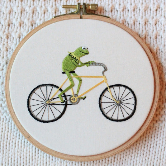 Bicycle Kermit Embroidered Hoop