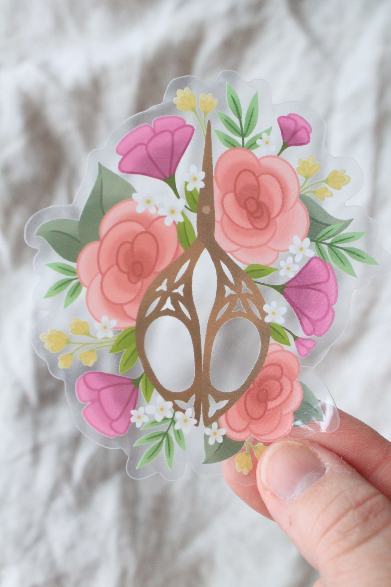 Floral Embroidery Scissors Clear Vinyl Sticker
