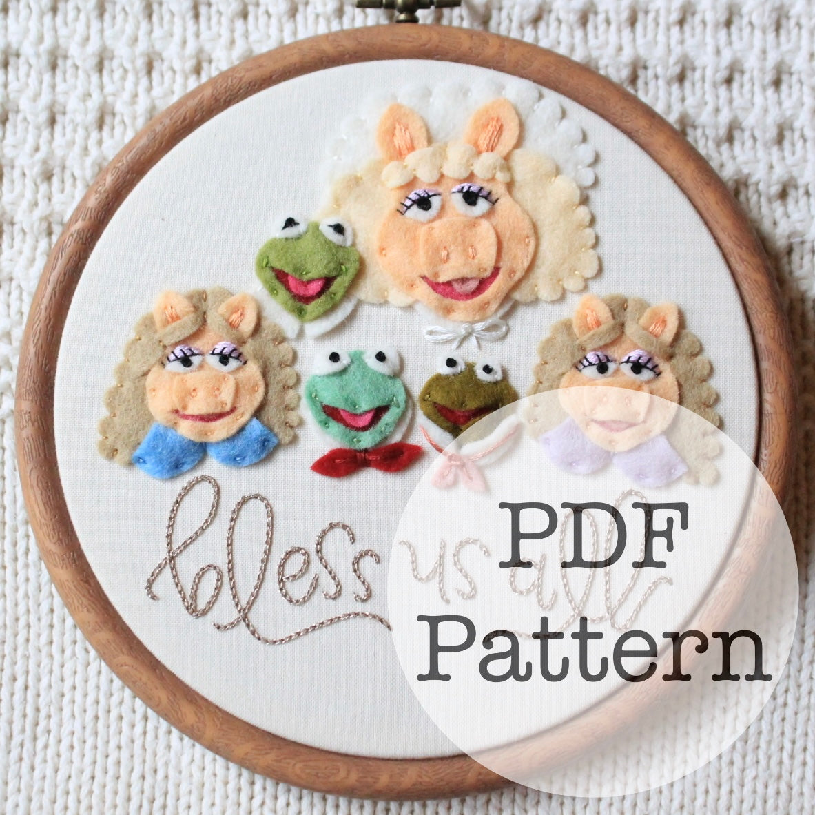 PDF Embroidery Pattern: Bless Us All, Kermit Miss Piggy, Muppet Christmas Carol