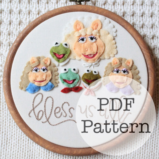 PDF Embroidery Pattern: Bless Us All, Kermit Miss Piggy, Muppet Christmas Carol
