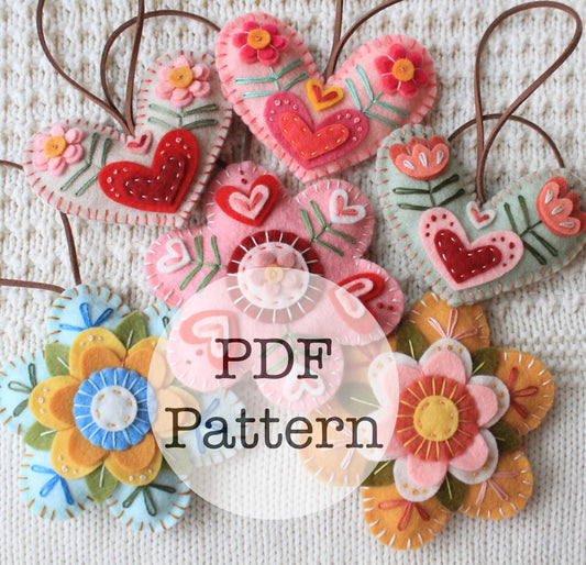 PDF Embroidery Pattern: Felt Valentines, Flower Ornaments, NO instructions included!!