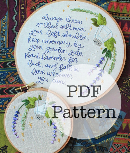 Two PDF Embroidery Patterns: Salt Rosemary Lavender Love, Practical Magic